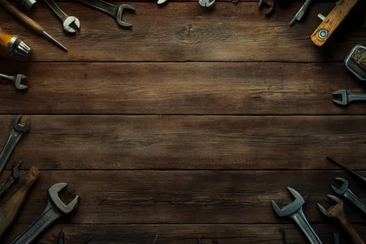 A collection of various tools and wrenches arranged on a wooden table, creating a perfect backdrop for text or design elements. Ideal for craft and repair themes.