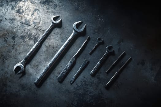 An artistic arrangement of various metal wrenches displayed on a dark textured background, showcasing their unique forms and surfaces, ideal for mechanical themes.