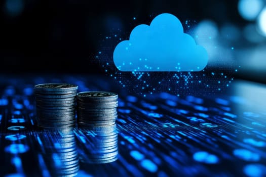 Stacks of coins with a cloud icon symbolize cloud financial planning, highlighting cost management and budgeting in cloud computing..
