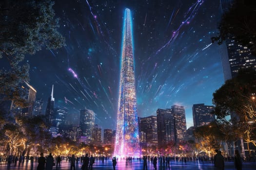 Stunning urban scene featuring a towering skyscraper illuminated by colorful lights at night, creating a magical and vibrant atmosphere in the city.