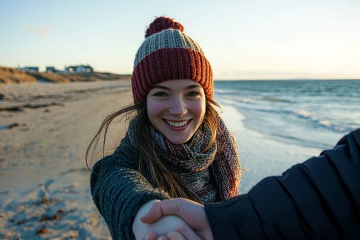 Engagement, hands and love with couple on beach together for date, milestone or romance in summer. valentine concept.