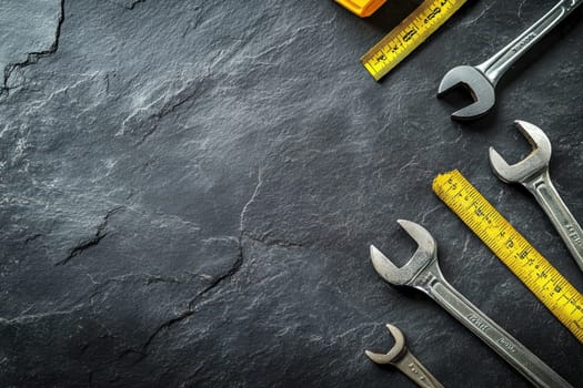 A collection of metal wrenches and a measuring tape arranged on a dark stone surface, perfect for DIY enthusiasts and professional mechanics alike.
