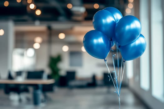 Abstract background featuring a blurred office interior decorated with blue balloons. blue Monday concept..