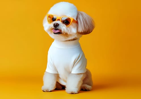 pet dog with glasses wear white shirt for mockup, generative AI.