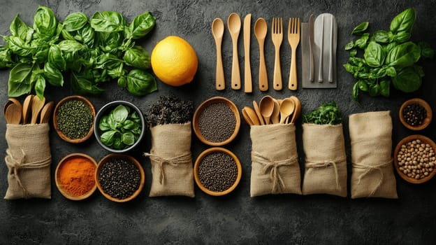 Eco-friendly tools: essential wooden utensils designed for sustainable kitchens, inviting and green culinary space that highlights importance of reducing plastic waste, embracing natural alternatives