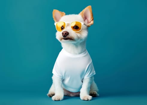pet dog with glasses wear white shirt for mockup, generative AI.