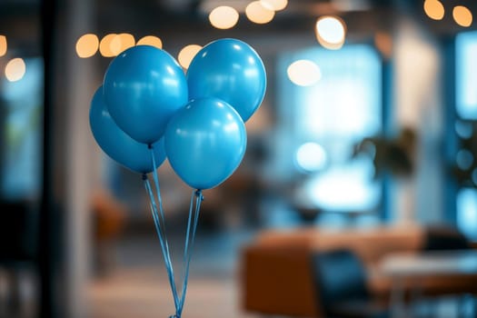 Abstract background featuring a blurred office interior decorated with blue balloons. blue Monday concept..