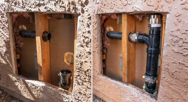 Before and After Plumbing Repair Service. Cut Out External Wall of House with Fixed, Replaced Pipe. Repairing Water Supply. Nobody. Construction. Horizontal Plane. Maintenance of Leakage. High quality