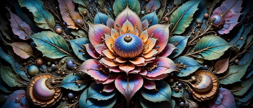 A colorful flower with a blue center. The flower is surrounded by a lot of small, colorful beads