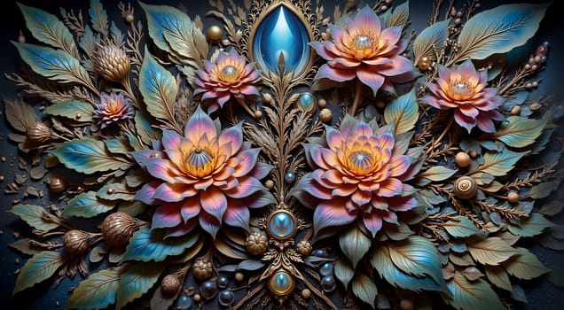 A colorful flower with a blue center. The flower is surrounded by a lot of small, colorful beads
