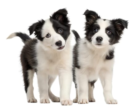 Black and white border collie puppies isolated on white background. Two Border collie puppies standing and looking at camera on white background. ai generated image