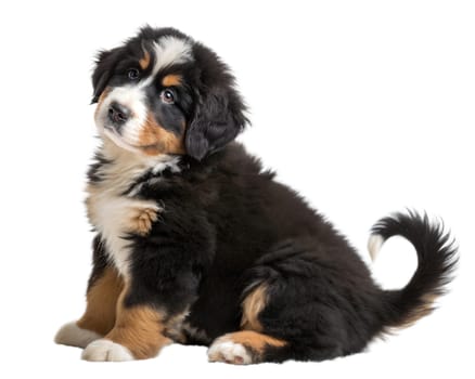 Bernese mountain shepherd puppy sitting and looking at camera isolated on white background. Ai generated