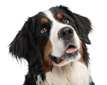 Bernese mountain shepherd portrait isolated on white background. Bernese mountain shepherd headshot on white background. Ai generated