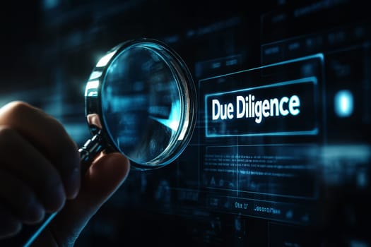 Due diligence concept, Businessman holding a magnifying glass with due diligence icon on virtual screen..