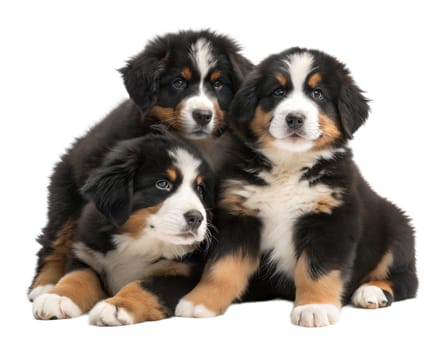 Three Bernese mountain shepherd puppies sitting and looking at camera isolated on white background. Ai generated