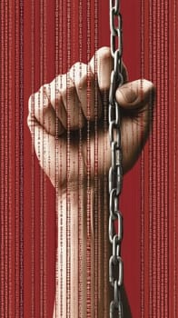 Hand is clutching a chain against a background of falling binary code, symbolizing the struggle for freedom and control in the digital age