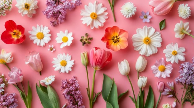 Spring Floral Arrangement, Pastel Background with Colorful Tulips, Daisies, and Lilac Blossoms