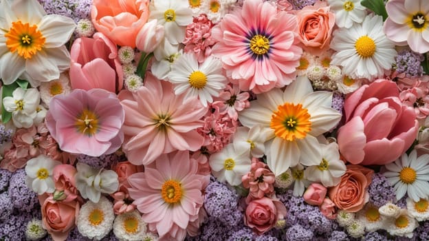 Spring Flowers in Bloom A Soft, Pastel Floral Background with Tulips, Daffodils, and More