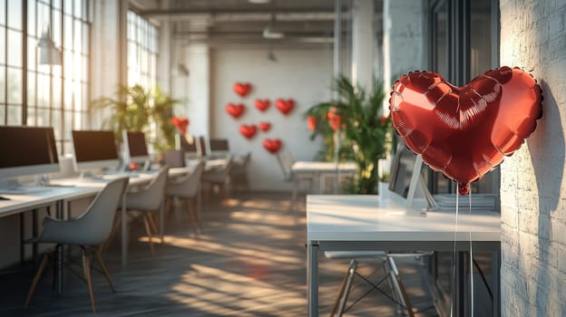 Modern Office Workspace Decorated with Red Heart Balloons for Valentines Day. Sunlight and Shadows