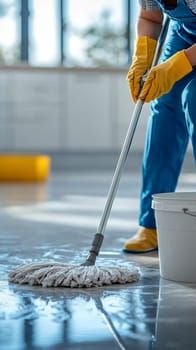 Professional Cleaning Service, Worker Mopping Floor in Kitchen, Maintaining Hygiene, Housework