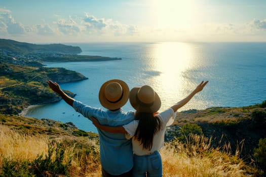 young couple of travelers on a hill with stunning views to scenic sea vacation..