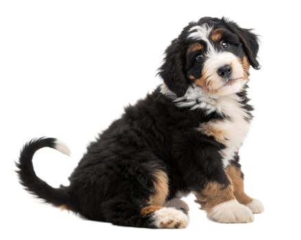 Bernedoodle puppy isolated on white background. Bernedoodle puppy sitting and looking at camera on white background. ai generated image