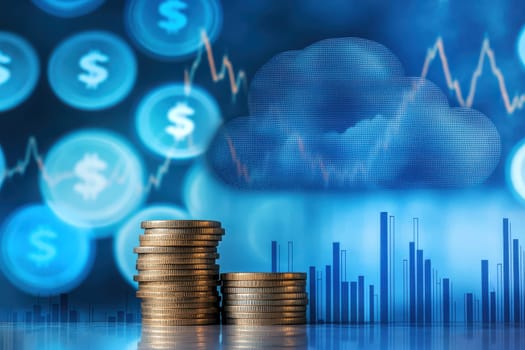 Stacks of coins with a cloud icon symbolize cloud financial planning, highlighting cost management and budgeting in cloud computing..