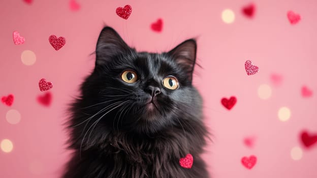 Fluffy Black Cat with Shining Eyes on Pink Background, Surrounded by Red Hearts and Bokeh