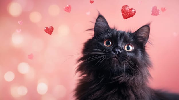 Charming Black Cat with Mesmerizing Eyes on Valentines Day, Surrounded by Sparkling Hearts