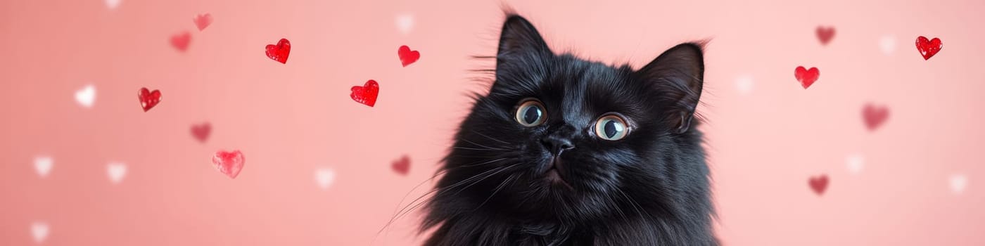 Portrait of a Fluffy Black Cat Surrounded by Red Crystal Hearts on a Pink Bokeh Background
