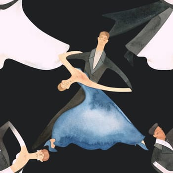 Ballroom dancing, standard. Adult couples on the parquet. Isolated watercolor illustration. Seamless pattern. Black background.