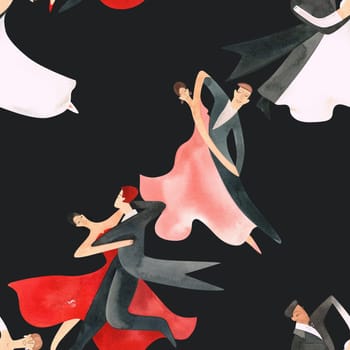 Ballroom dancing, standard. Adult couples on the parquet. Isolated watercolor illustration. Seamless pattern. Black background.