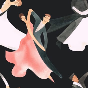 Ballroom dancing, standard. Adult couples on the parquet. Isolated watercolor illustration. Seamless pattern. Black background.