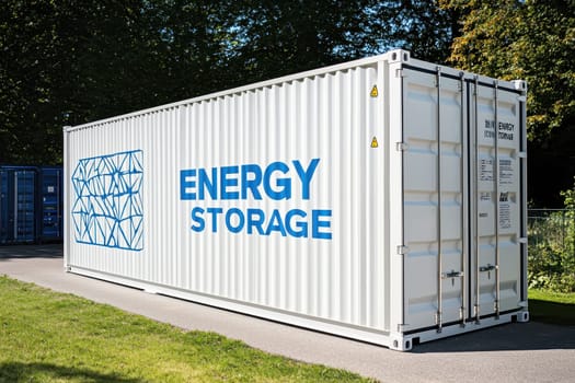 Concept of Modern energy storage batteries system, wind power, wind turbines and Li-ion battery container, and solar panels in the background. Panoramic view with copy space..