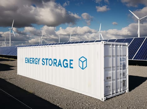 Concept of Modern energy storage batteries system, wind power, wind turbines and Li-ion battery container, and solar panels in the background. Panoramic view with copy space. High quality illustration