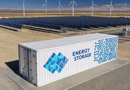 Concept of Modern energy storage batteries system, wind power, wind turbines and Li-ion battery container, and solar panels in the background. Panoramic view with copy space..