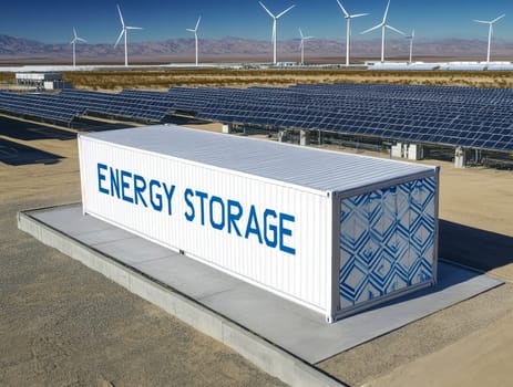 Concept of Modern energy storage batteries system, wind power, wind turbines and Li-ion battery container, and solar panels in the background. Panoramic view with copy space..