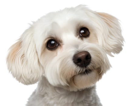 Fluffy Bichon Frise portrait looking at camera isolated on white background. Bichon bolognese headshot on white. Ai generated