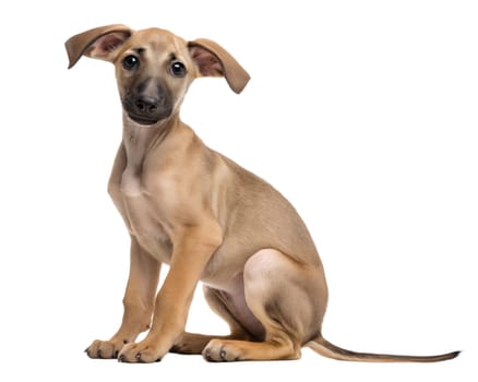 Arabian Sloughi puppy isolated on white background. Arabian Sloughi puppy sitting and looking at camera on white background. Ai generated image