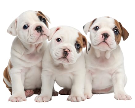 English bulldog puppies isolated on white background. Three English bulldog puppies sitting and looking at camera on white background. Ai generated
