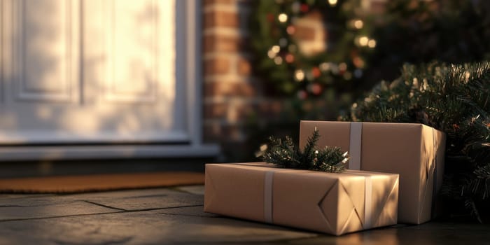 Festive christmas delivery scene with wrapped gifts and wreath near doorway.