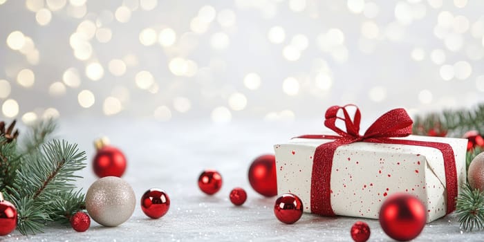 Minimalistic holiday gift card background with red and white decorations for festive greetings.