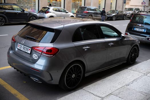 Cremona, Lombardy, Italy - October 27th 2024 Mountain grey mercedes-benz a-class sedan 2019 parked on urban street
