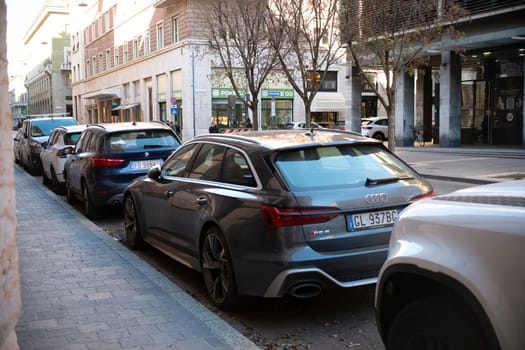 Cremona, Lombardy, Italy - October 27th 2024 Dayanona gray pearl effect audi rs6 avant 4.0 tfsi quattro tiptronic parked on a city street