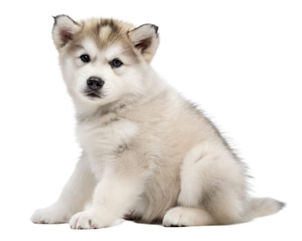 Alaskan Malamute puppy isolated on white background. Alaskan Malamute puppy sitting and looking at camera on white background. Ai generated image