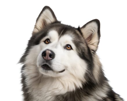 Alaskan Malamute portrait isolated on white background. Alaskan Malamute headshot on white background. Ai generated image