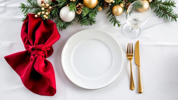 Elegant festive Christmas table setting on white tablecloth with Christmas decor. AI generated.