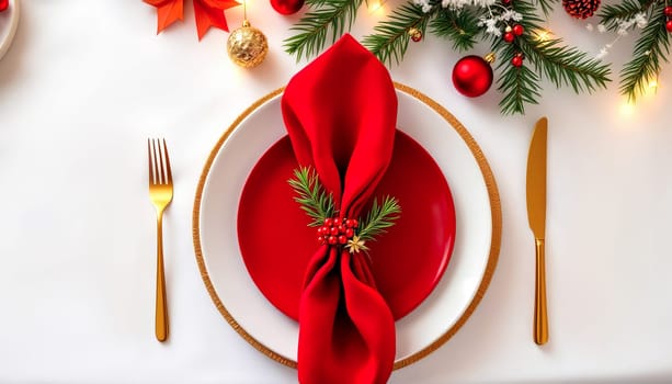 Elegant festive Christmas table setting on white tablecloth with Christmas decor. AI generated.
