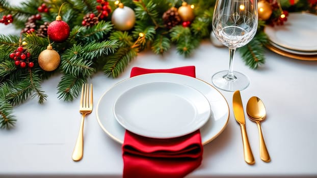 Elegant festive Christmas table setting on white tablecloth with Christmas decor. AI generated.