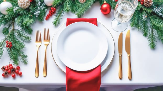 Elegant festive Christmas table setting on white tablecloth with Christmas decor. AI generated.
